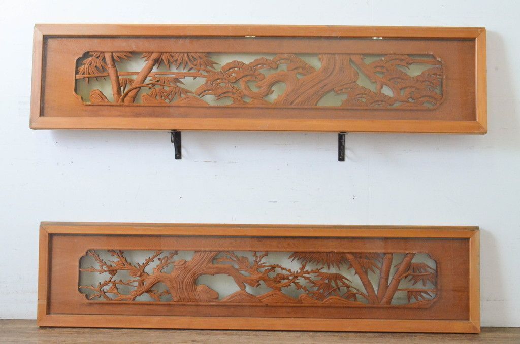  現状販売 彫刻欄間 セット アンティーク建具 松竹梅 両面ガラス 明かり取り 明り取り 建具 4～7営業日前後で発送 修理加工希望の方3ヶ月程で発送 R-065053 ドア 扉 板戸 障子 住宅設備