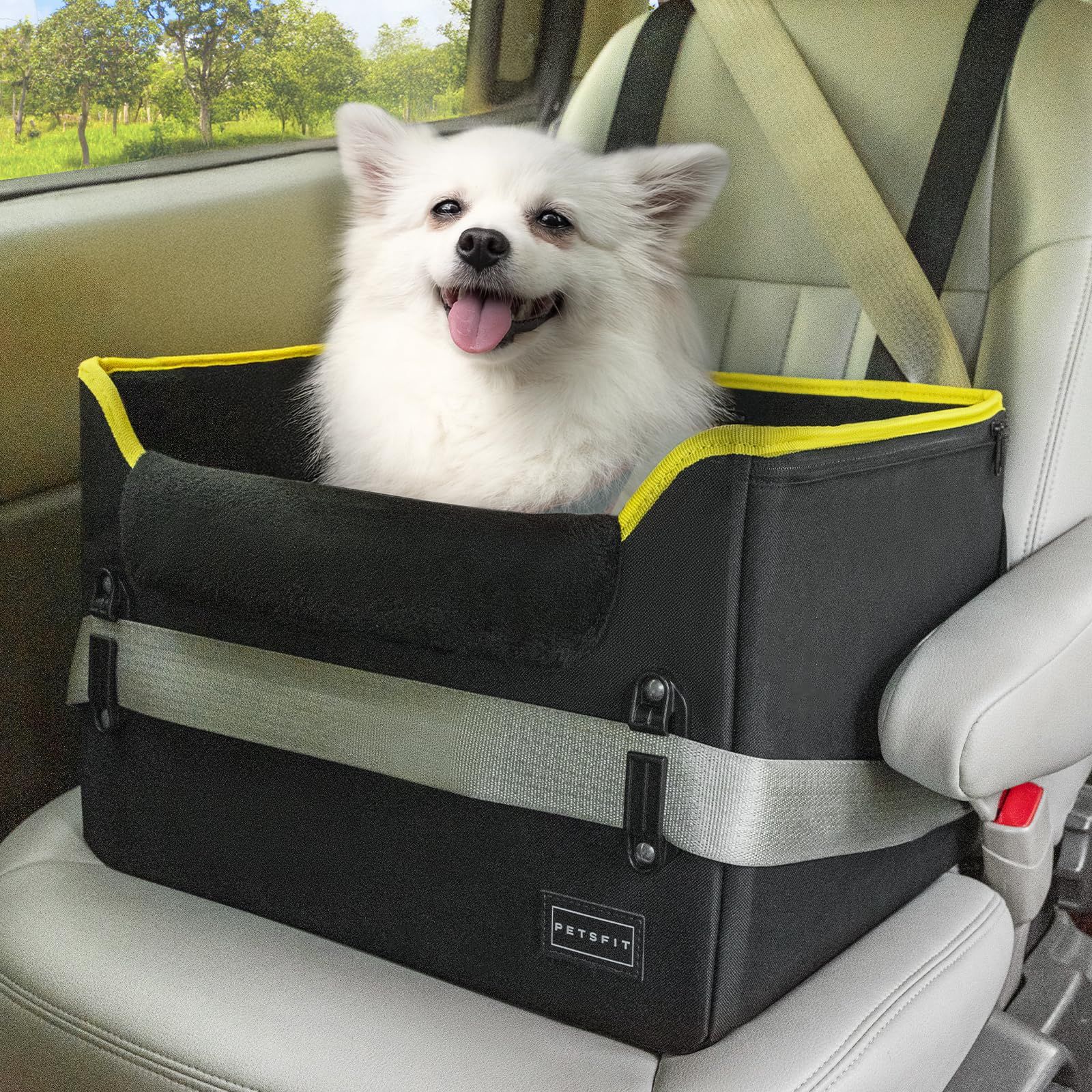 Petsfit ペットドライブボックス ドライブボックス 犬 座り台が高さ調節できるタイプ ドライブシート 車 カーシート 安定 コンパクト 飛び出し防止 折り畳み しっかり 省スペース オックスフォード布 型崩れ防止 助手席 後部席 Mサイズ