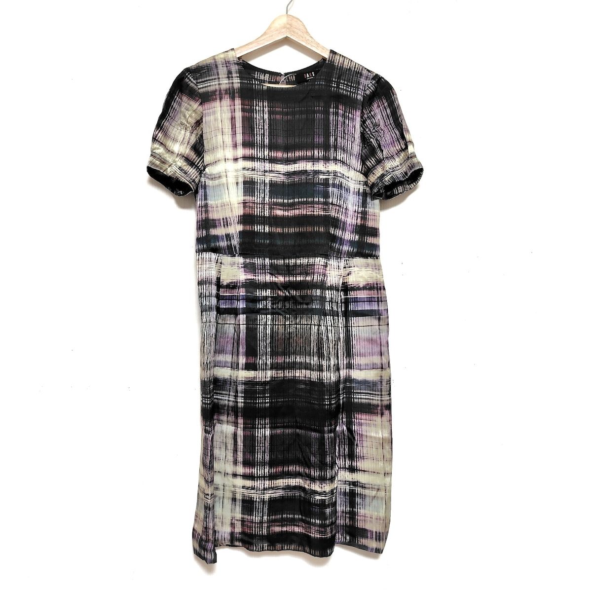 DAKS ダックス ワンピース サイズ38 L レディース ベージュ パープル マルチ クルーネック 半袖 ひざ丈 ストライプ ボーダー
