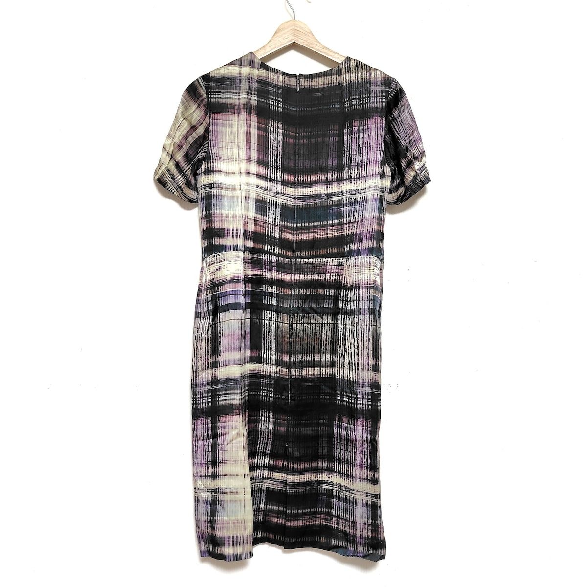 DAKS ダックス ワンピース サイズ38 L レディース - ベージュ×パープル×マルチ クルーネック 半袖 ひざ丈 ストライプ ボーダー