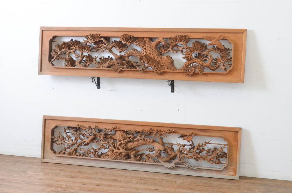 現状販売 欄間 セット 和製ビンテージ 彫刻 松 梅 明り取り 明かり取り 建具 ヴィンテージ 4～7営業日前後で発送 修理加工希望の方3ヶ月程で発送 R 065054