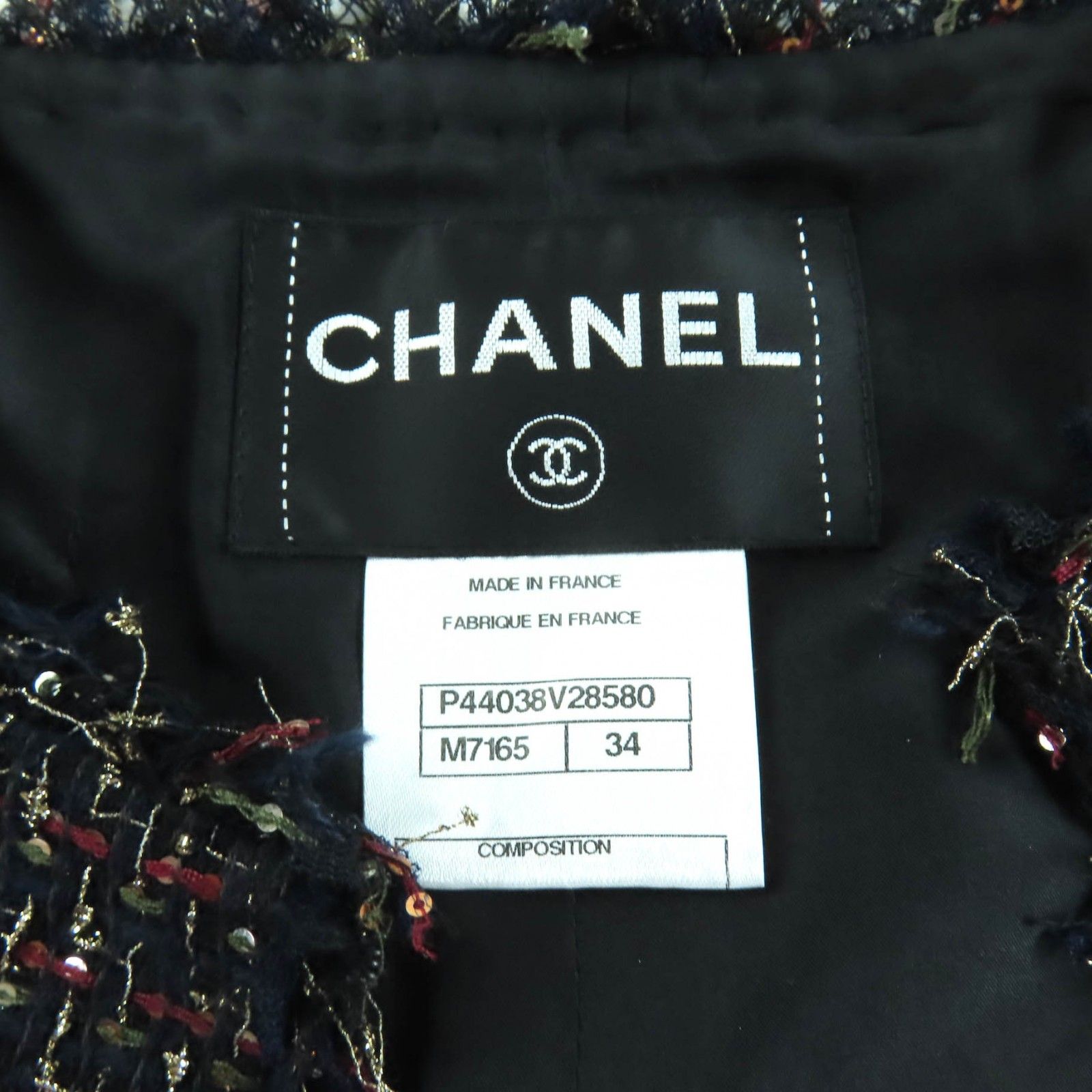 極美品★CHANEL シャネル 12A P44038 石付きボタン スパンコール ツイード ノーカラージャケット マルチ 34 ハンガー付き 仏製 正規品 極美品☆CHANEL シャネル 12A P44038 石付きボタン スパンコール
