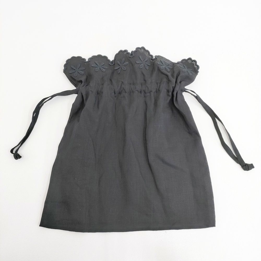 R-D.M.Co- リネンフラワースカラップドローストリングバッグ 巾着 定価14300円 巾着バッグ ブラック レディース マンズテーラー 5-1128 G