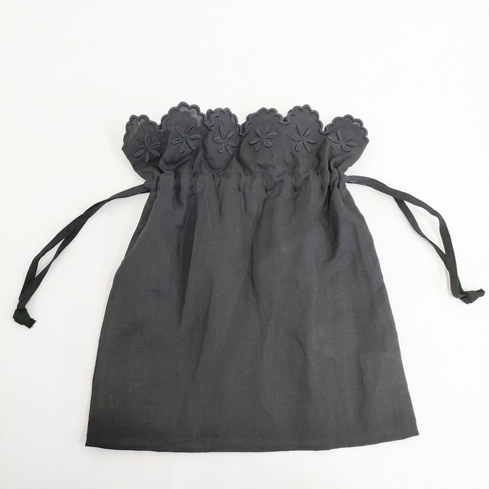 R-D.M.Co- リネンフラワースカラップドローストリングバッグ 巾着 定価14300円 巾着バッグ ブラック レディース マンズテーラー 5-1128 G