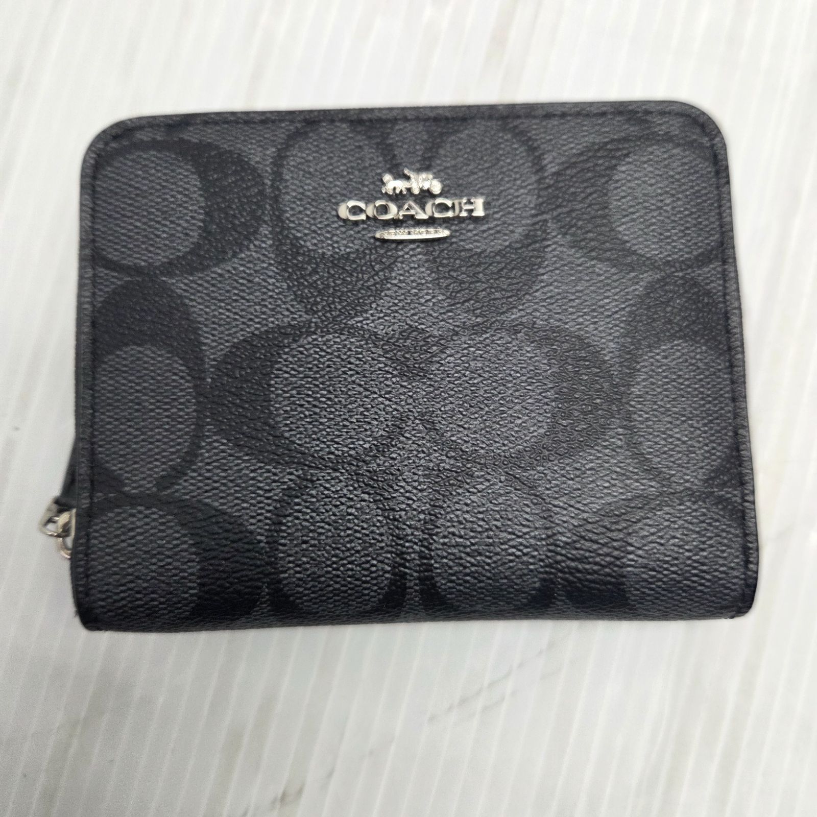 12 S00653 COACH コーチ 財布 シグネチャー ラウンドファスナー2つ折り財布 レザー ブラック F30308 美品