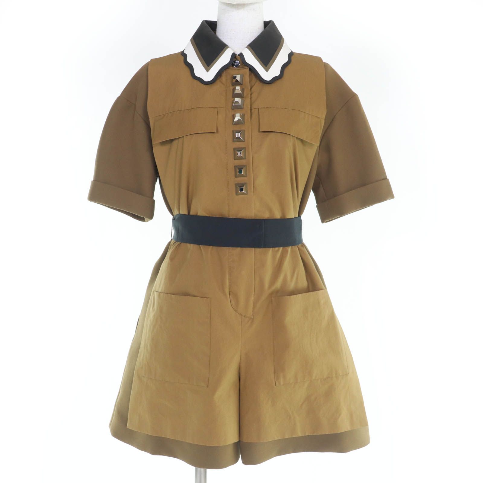 FENDI フェンディ FD 9216 襟ラムレザー ベルト付 オールインワン オーバーオール ブラウン 38 イタリア製 レディース