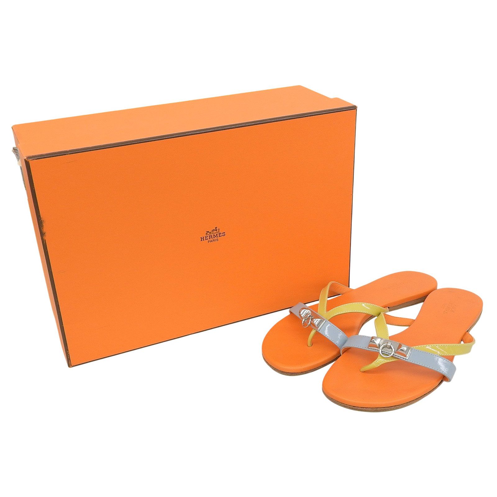HERMES オレンジ トングサンダル 美品△HERMES エルメス シルバー金具 メドール金具 レザー フラット