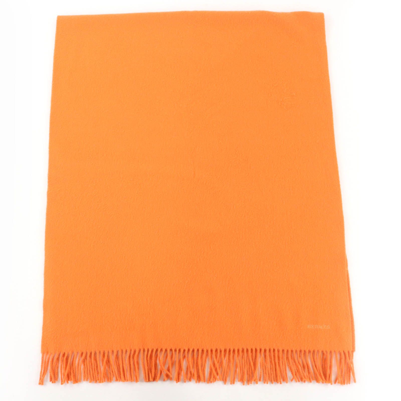 良品☆HERMES エルメス カシミヤ100％ ロゴ刺繍 フリンジ付 大判