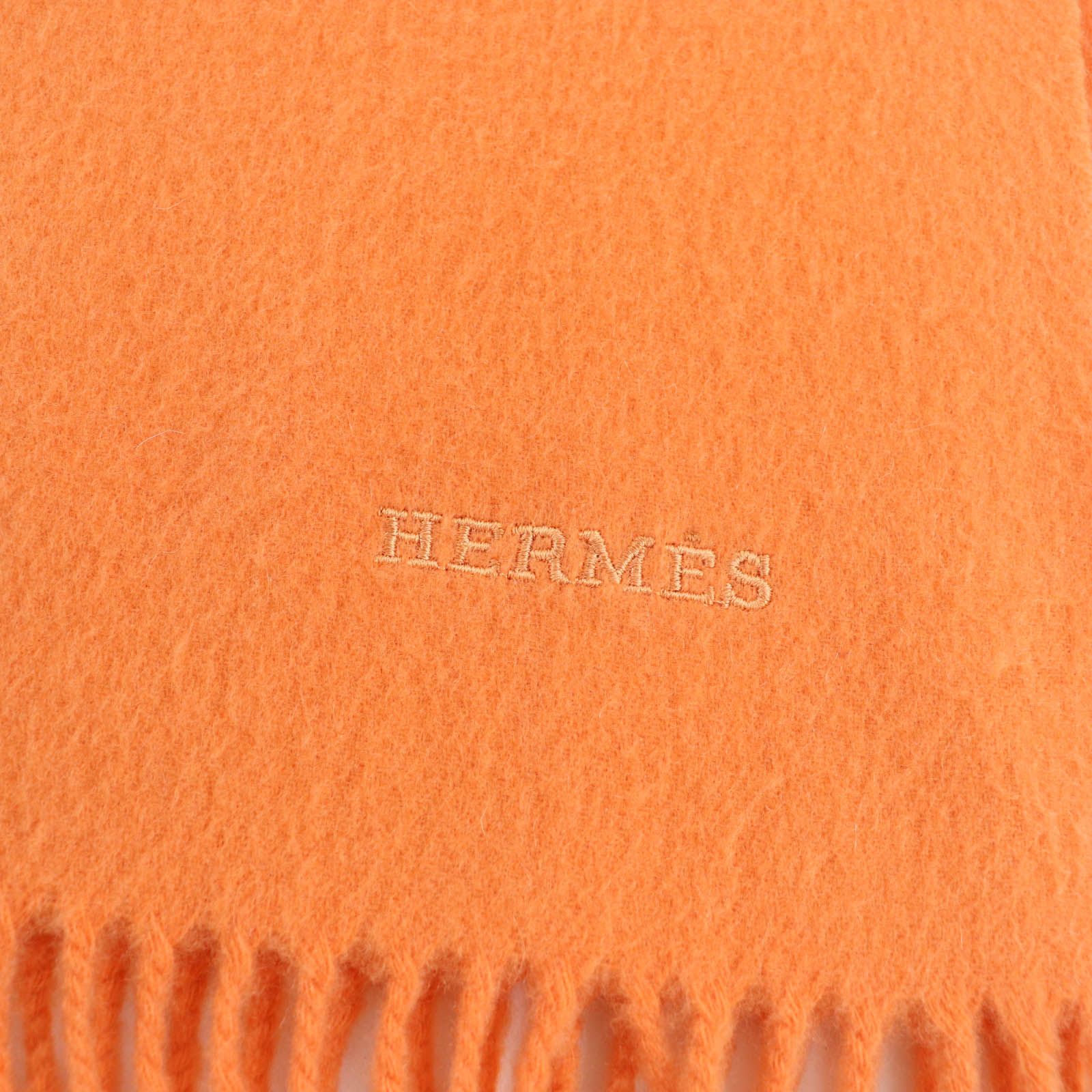 良品☆HERMES エルメス カシミヤ100％ ロゴ刺繍 フリンジ付 大判