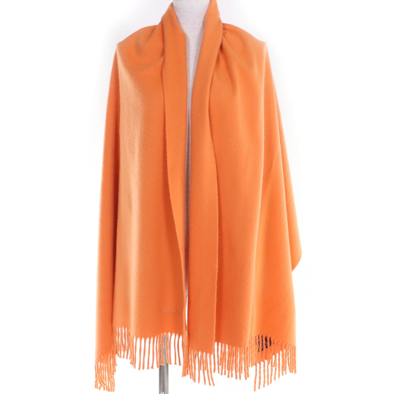 良品☆HERMES エルメス カシミヤ100％ ロゴ刺繍 フリンジ付 大判