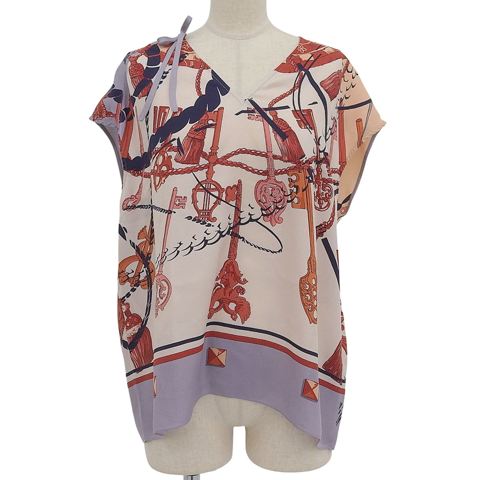 美品△HERMES エルメス LES CLES シルク100％ ワンショルダーリボン V