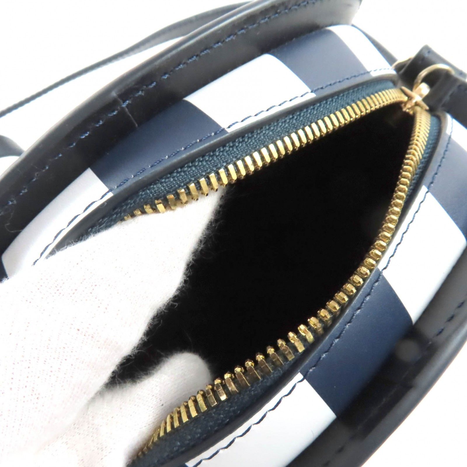 未使用品★A.P.C. アーペーセー PXBSZ-F61392 sac deml mini ストライププリント ハーフムーン レザー ショルダーバッグ 紺 白 保存袋付 未使用品☆A.P.C. アーペーセー PXBSZ-F61392 sac deml mini