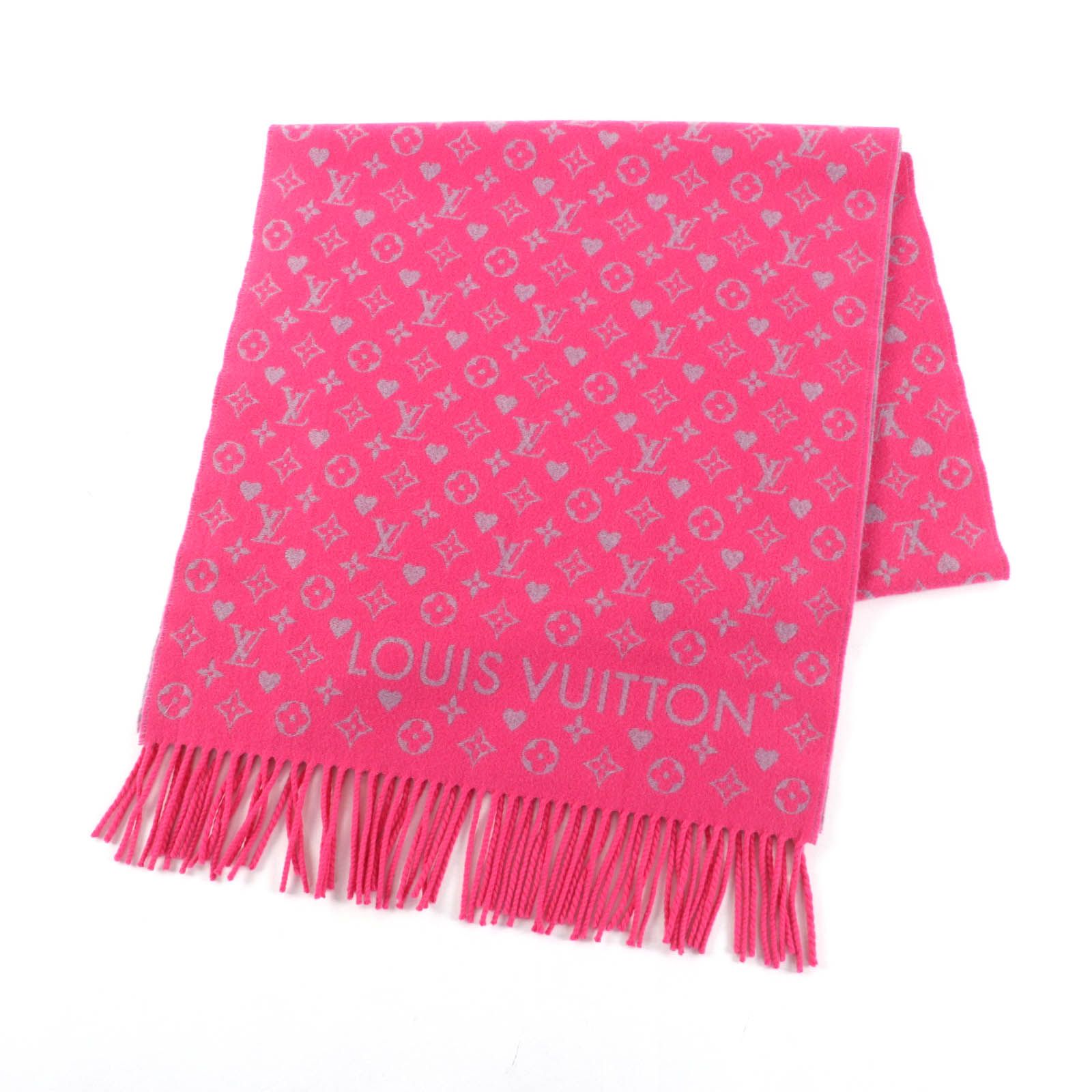 LOUIS VUITTON ルイヴィトン 2021年製 M 76901 エシャルプ ゲーム オン カシミヤ100％ モノグラム ロゴ入り フリンジ付 大判 マフラー ピンク グレー イタリア製 レディース