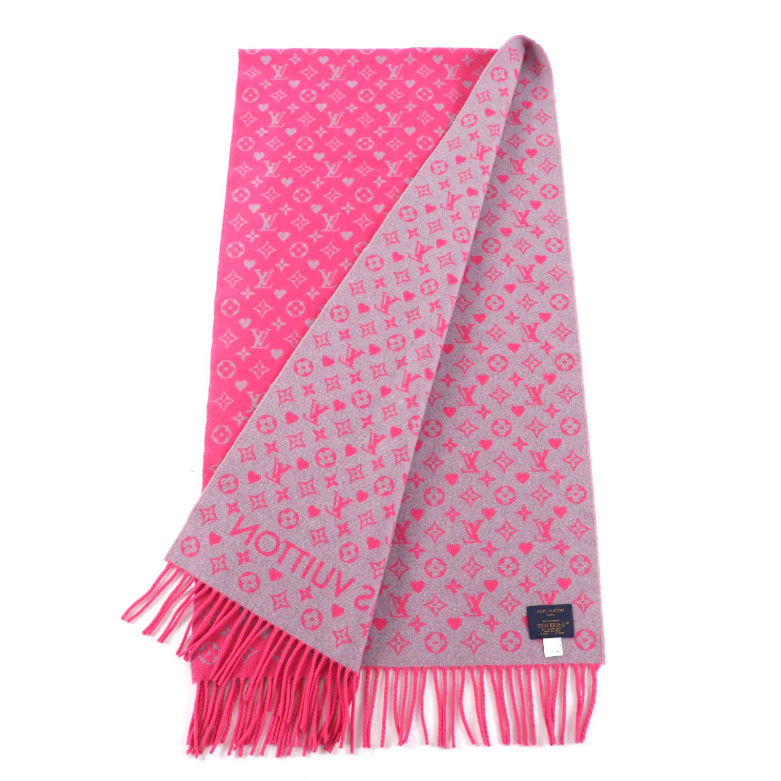 LOUIS VUITTON ルイヴィトン M 76901 エシャルプ ゲーム オン カシミヤ100％ モノグラム ロゴ入り フリンジ付 大判 マフラー ピンク グレー イタリア製 レディース
