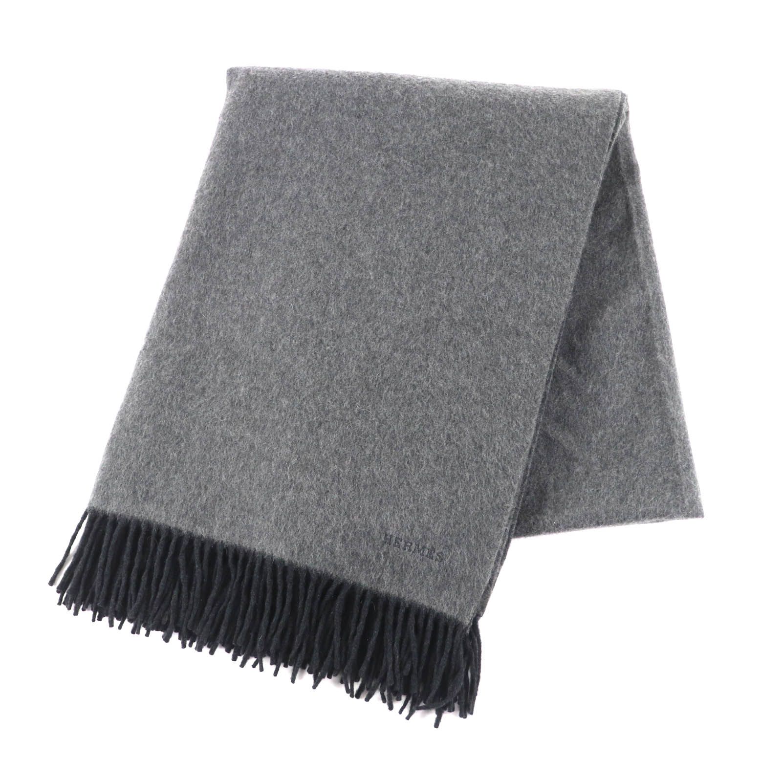 HERMES エルメス カシミヤ100％ ロゴ刺繍入り フリンジ付 大判 ブランケット ショール グレー イタリア製 レディース