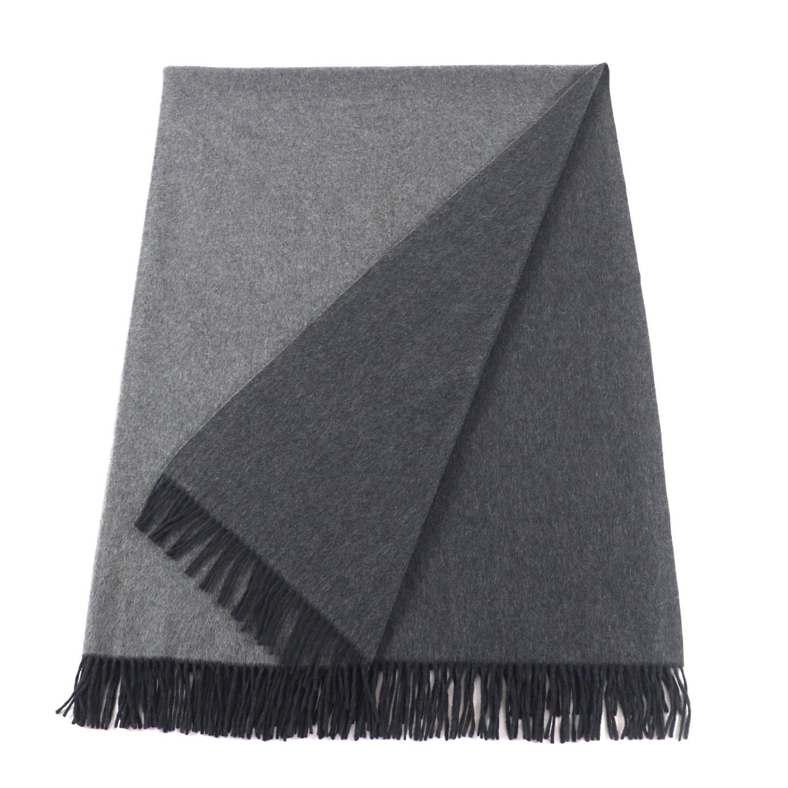 HERMES エルメス カシミヤ100％ ロゴ刺繍入り フリンジ付 大判 ブランケット ショール グレー イタリア製 レディース