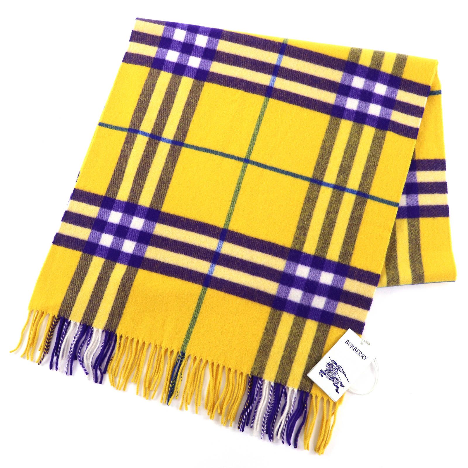 バーバリー 8076918 カシミヤ100％ チェック柄 フリンジ 大判 ロング マフラー イエロー パープル 200 52 cm スコットランド製 レディース