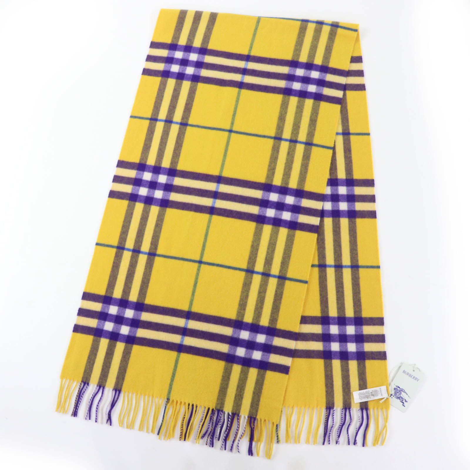 バーバリー 8076918 カシミヤ100％ チェック柄 フリンジ 大判 ロング マフラー イエロー パープル スコットランド製 レディース