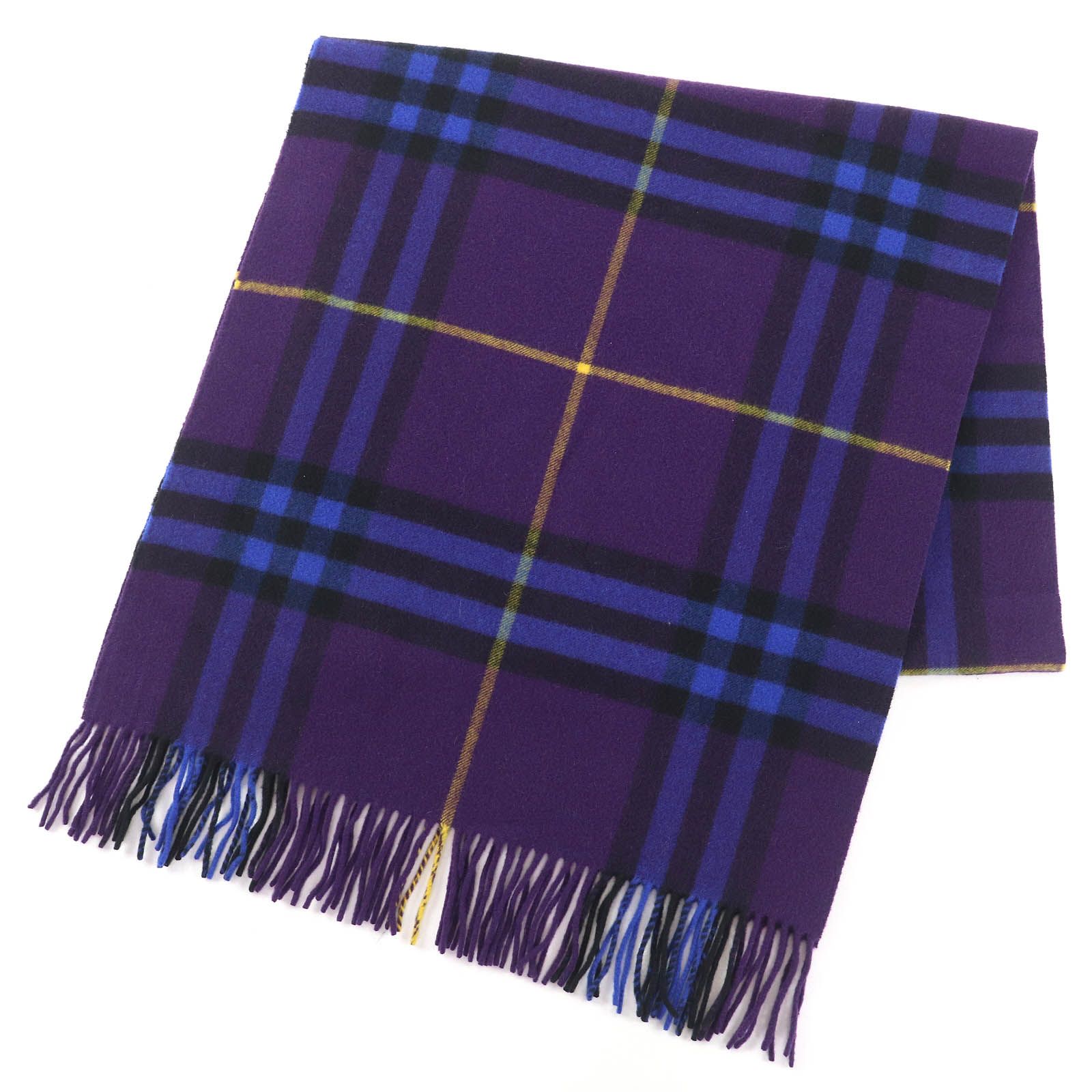 バーバリー 8076916 カシミヤ チェック柄 フリンジ 大判 ロング マフラー パープル ブルー系 200 52 cm スコットランド製 レディース