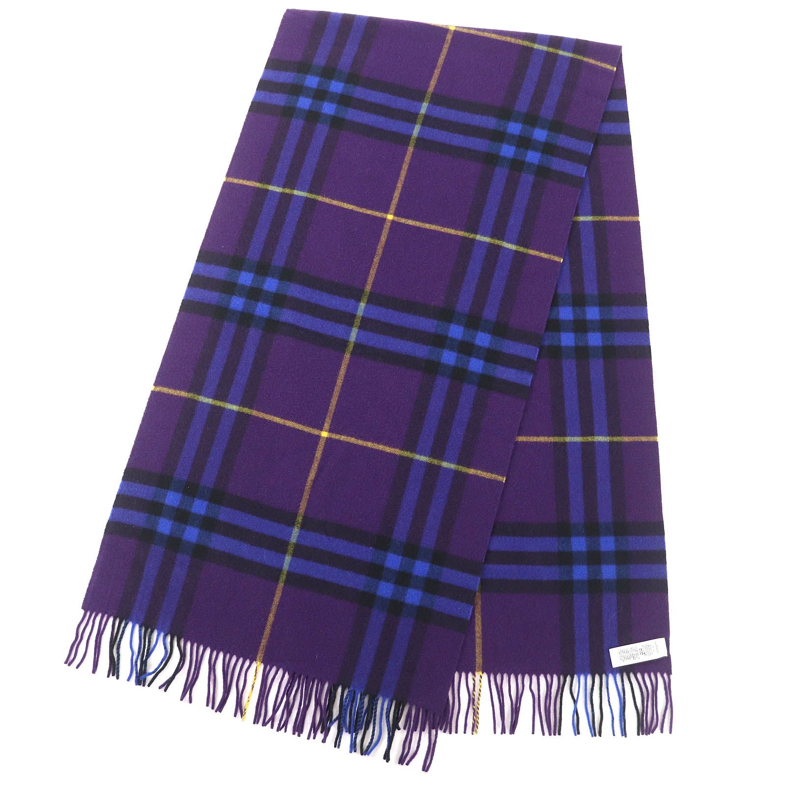 バーバリー 8076916 カシミヤ チェック柄 フリンジ 大判 ロング マフラー パープル ブルー系 スコットランド製 レディース