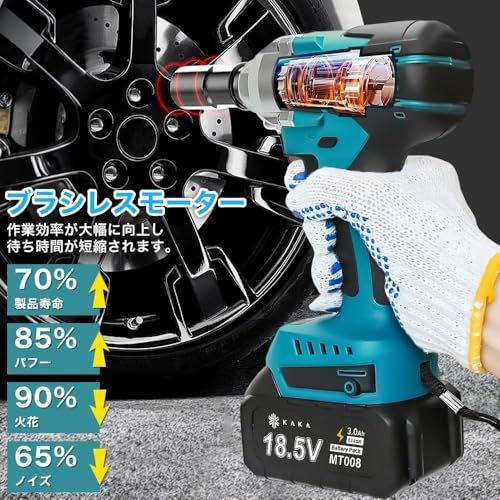 2025 KAKA インパクトレンチ 電動インパクトレンチ 充電式 18.5 V 3.0 Ahバッテリー コードレス 無断変速 自動停止モード タイヤ交換 インパクト 正逆切替 最大トルク550 N m ブラシレスモーター LEDライト付き 充電式イン