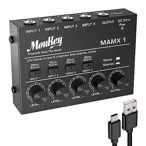 Moukey オーディオミキサー 4チャンネル usb DC 5 V超低ノイズ サブミキシング用 ラインミキサー 小型ミニオーディオミキサー クラブ|バー|マイク|ギター|ベース|キーボード|ステージミキサーに適用 MAMX 1