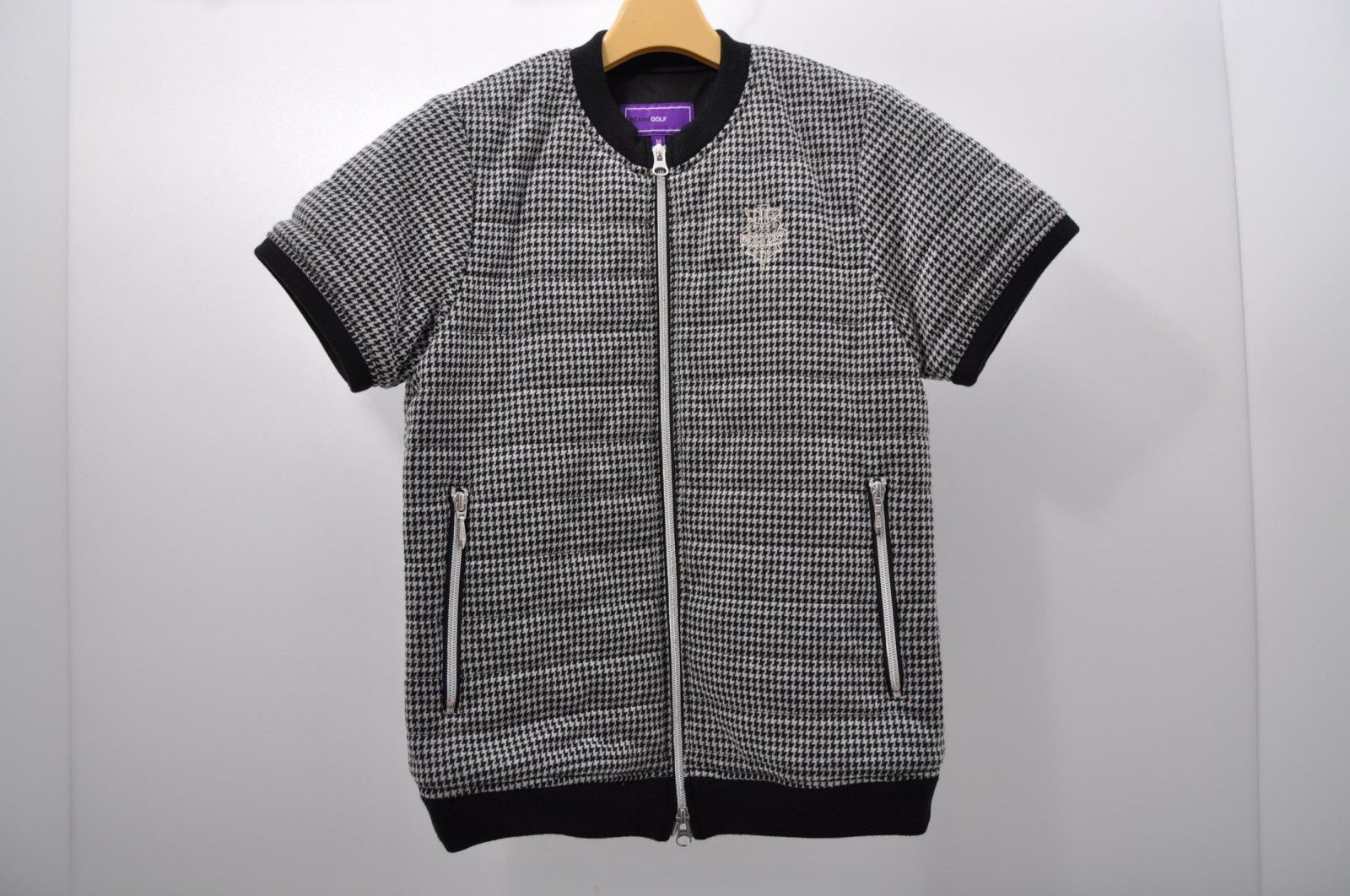  レディース ビームスゴルフ BEAMSGOLF フルジップアウター M 黒×白 半袖ダブルジップ 中綿入り 千鳥柄