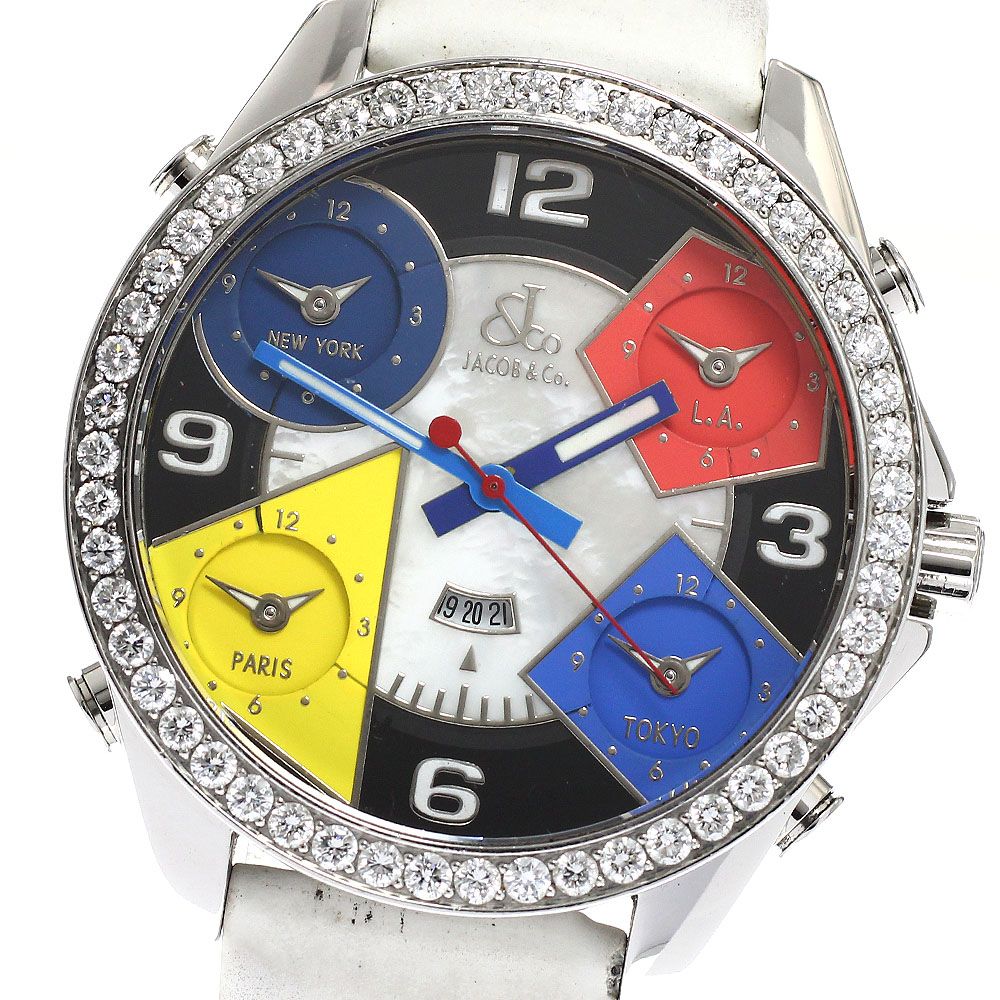 ベルト訳ありジェイコブ JACOB-CO 5タイムゾーン ダイヤベゼル デイト クォーツ メンズ_922586