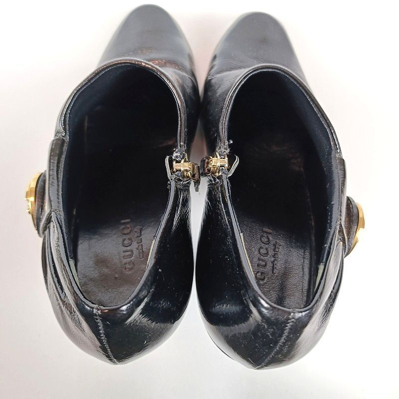Gucci ブラックレザー ハイヒール 37 GUCCI グッチ ブーテイ ロゴ金具 37 1/2 ブラック 黒 202939 エナメル