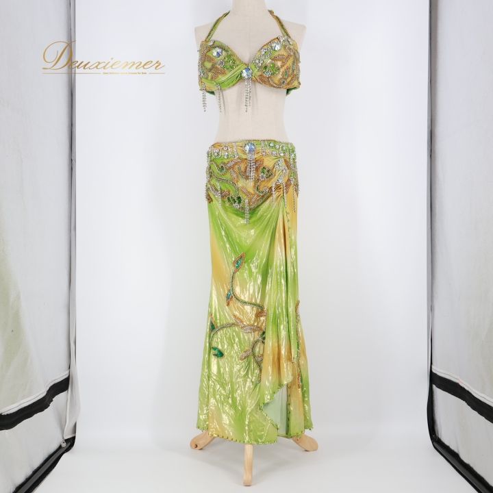 ベリーダンス オリエンタル 衣装 上下セット グリーン系ラインストーン