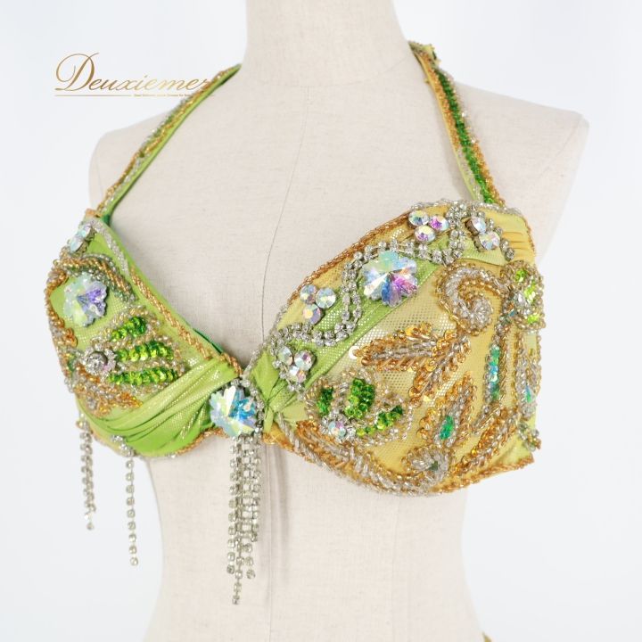 ベリーダンス オリエンタル 衣装 上下セット グリーン系ラインストーン