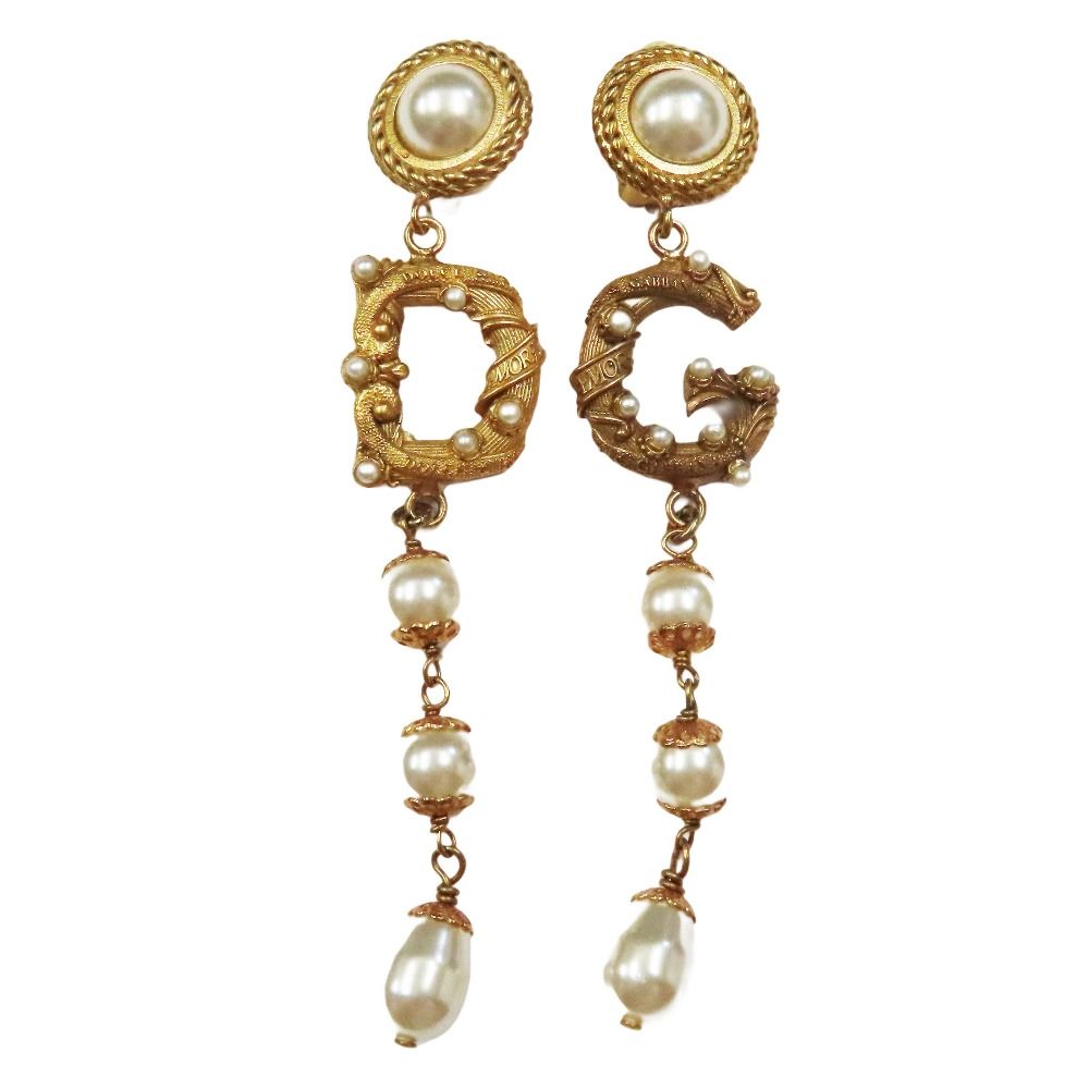 DOLCE-GABBANA ドルチェアンドガッバーナ パール DGロゴ ドロップ イヤリング ゴールド レディース 古着
