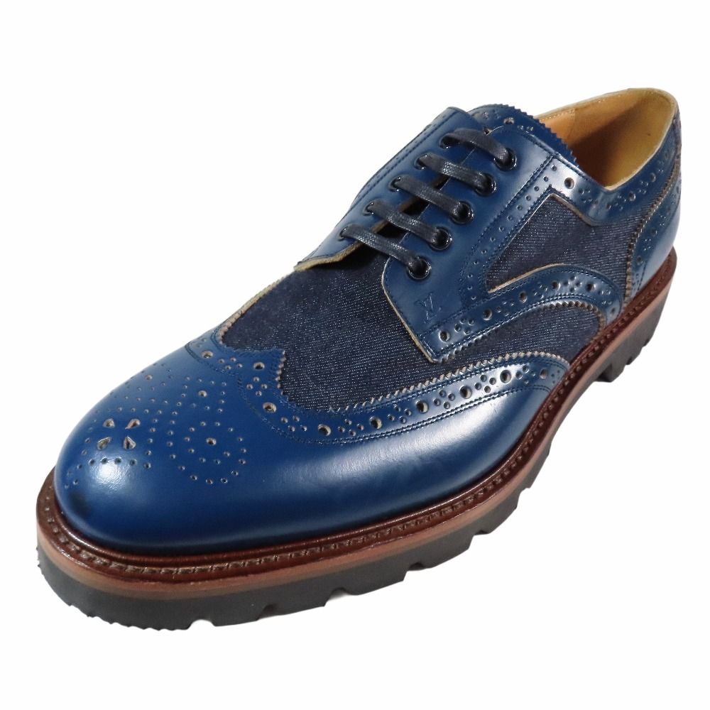 LOUIS VUITTON ルイヴィトン ヴォルテールライン メダリオン デニム レザー ダービーシューズ レースアップ 10 ブルー メンズ 古着