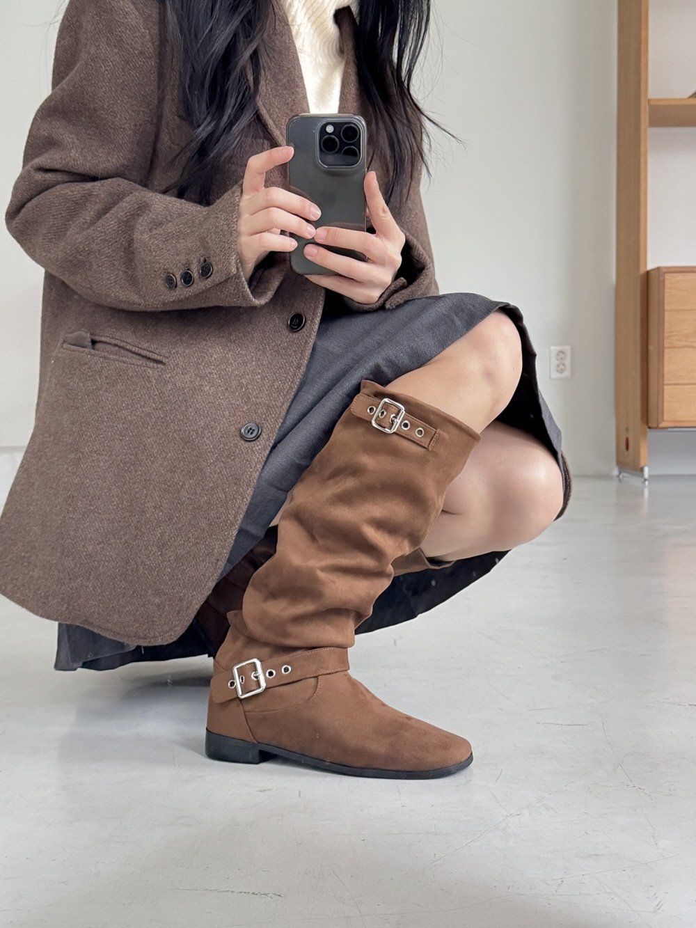 CA 9192 ベルト POINT 自然なシャーリング スウェード ロングブーツ