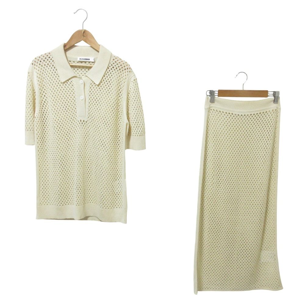JIL SANDER ジルサンダー シルク メッシュニットポロシャツ スカート セットアップ 36 38 アイボリー レディース 古着