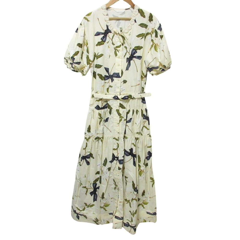 KANEKO ISAO カネコイサオ リボン フワラープリント 半袖 ロング ワンピース アイボリー レディース 古着