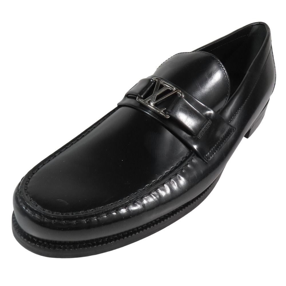 LOUIS VUITTON ルイヴィトン メジャーライン ローファー モカシン LVロゴ 金具シルバー レザー シューズ 10 ブラック メンズ 古着