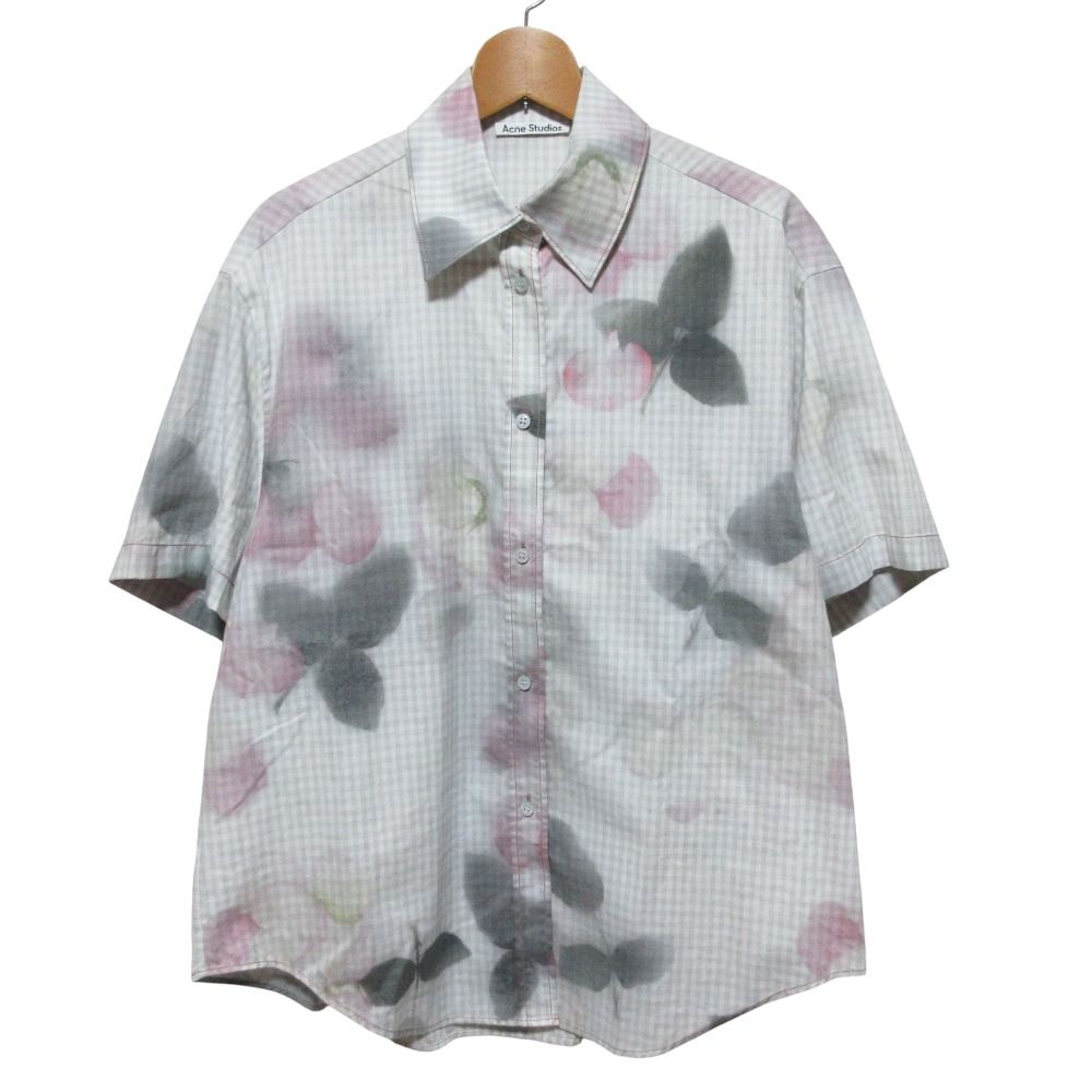 Acne Studios アクネストゥディオズ チェック フラワー ショートスリーブ シャツ ブラウス 34 グレー レディース 古着