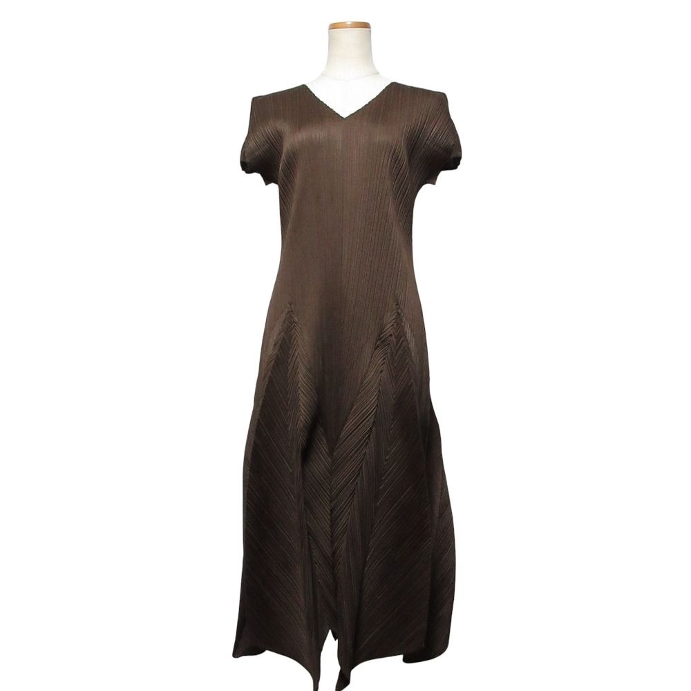 PLEATS PLEASE ISSEY MIYAKE プリーツプリーズ イッセイミヤケ Vネック ワンピース PP 73 JH 166 サイズ3 ブラウン レディース 古着