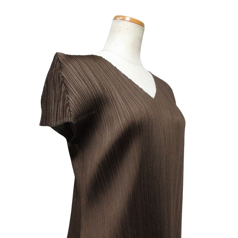 PLEATS PLEASE Vネックチュニック ブラウン サイズ3 美品 PLEATS PLEASE ISSEY MIYAKE プリーツプリーズ イッセイミヤケ V