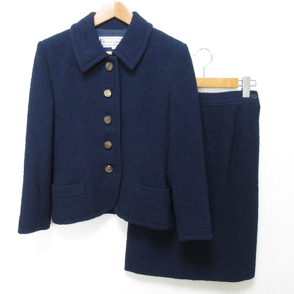 YVES SAINT LAURENT イヴサンローラン ツイードジャケット スカート セットアップ サイズS ネイビー レディース 古着