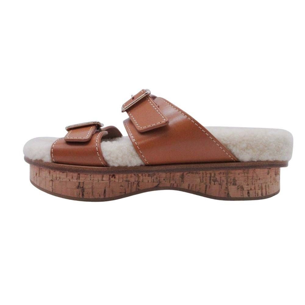 CHLOE クロエ Marah ムートン レザー スライドサンダル ボア ダブルストラップ シューズ 靴 37 23.5 キャメル 茶系 レディース 古着