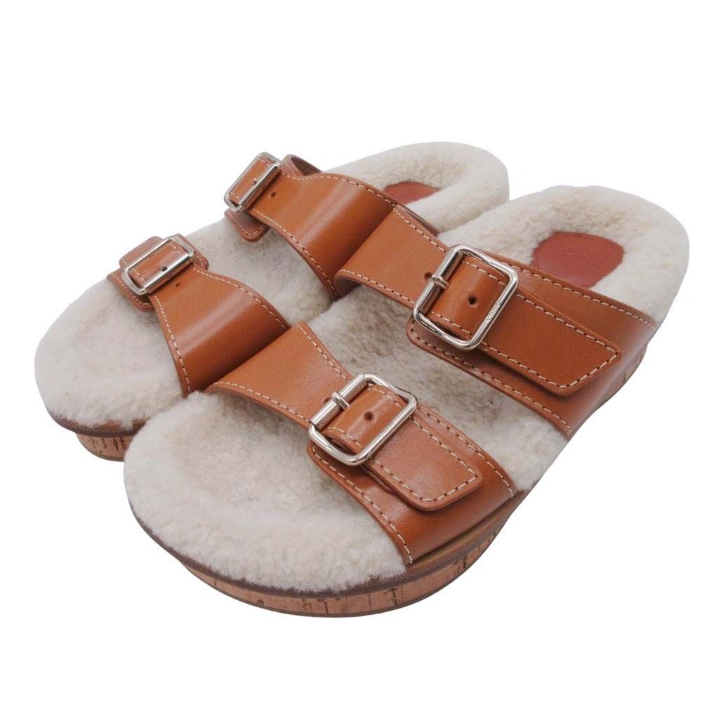 CHLOE クロエ Marah ムートン レザー スライドサンダル ボア ダブルストラップ シューズ 靴 37 23.5 キャメル 茶系 レディース 古着
