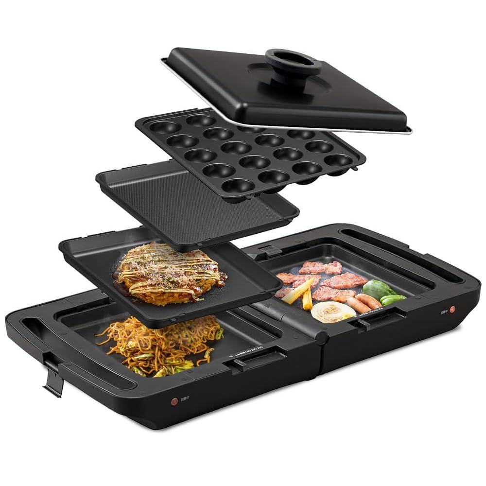 アイリスオーヤマ ホットプレート 両面ホットプレート 平面プレート たこ焼きプレート 焼き肉プレート 蓋付き 折り畳み 同時調理 丸洗い可 保証付き f 折り畳み式 ブラック 2021年モデル 1