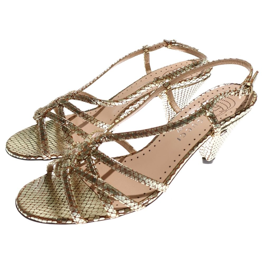 GUCCI グッチ 型押し GGロゴ ストラップ ヒール サンダル ミュール ゴールド レディース