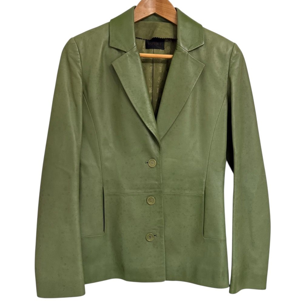 良品 LOEWE ロエベ レザー テーラードジャケット 36 グリーン