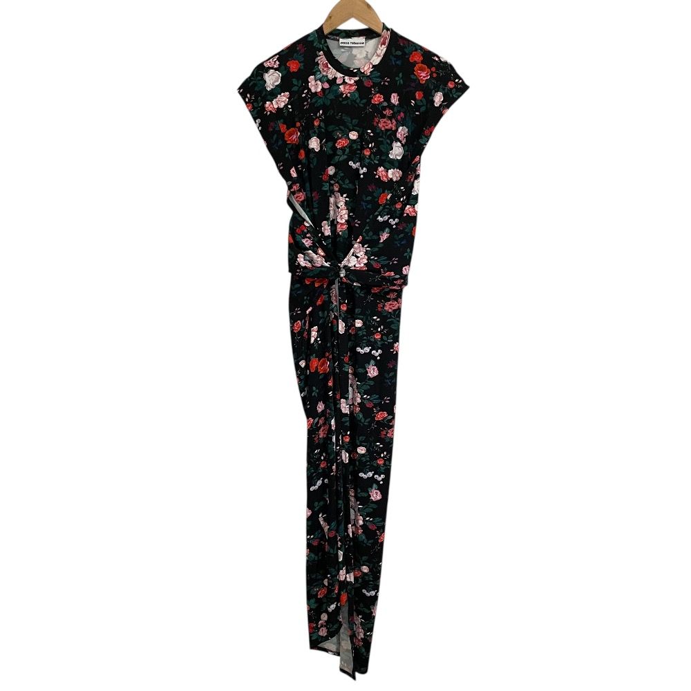 Paco Rabanne パコラバンヌ 半袖 フラワープリント 半袖 マキシ丈 ワンピース 36 ブラック レディース 古着