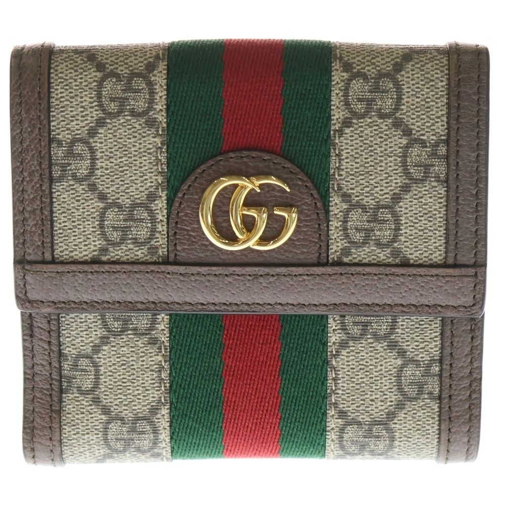 GUCCI グッチ GGスプリーム オフディア コンパクトウォレット 三つ折り財布 PVC レザー ベージュ ブラウン 523173 ゴールド金具