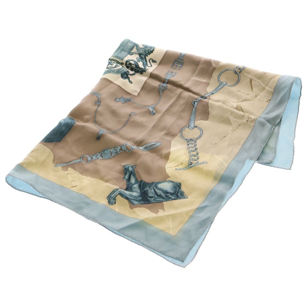 HERMES エルメス カレ70 Parures Equestres パユーユスイクエスト シルクスカーフ ブルー|ベージュ