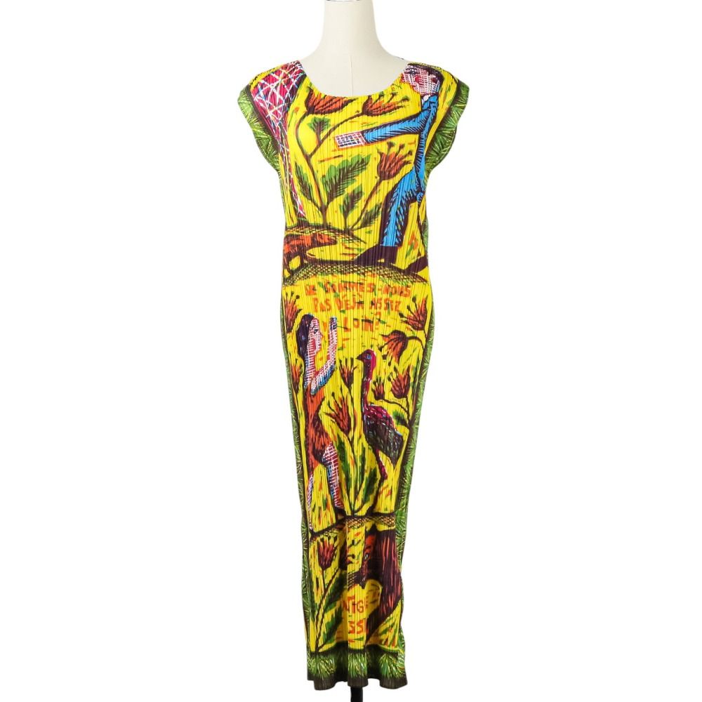 プリーツプリーズ イッセイミヤケ アニマルプリント ノースリーブ セーラー ロングドレス ワンピース 3 マルチ レディース 古着